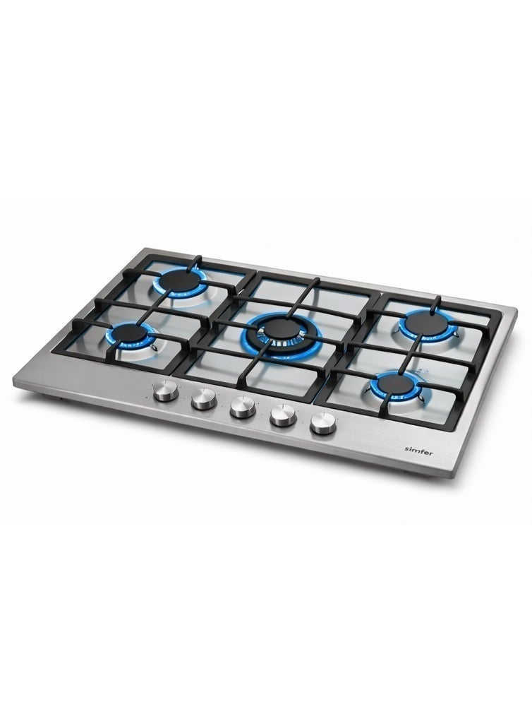 Simfer Built-In Gas Hob 90 cm Stainless Steel, 5 Sabaf Burners with Triple Ring Burner, Front Control Knobs, Cast Iron Pan Supports, Auto Ignition, Full Safety – Model BH90SG01 - Image 2